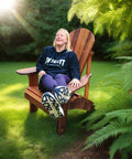 Woman Sitting in Upright Handmade Cedar Adirondack Chair