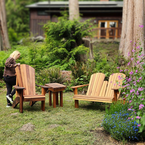 Handmade Cedar Adirondack Loveseat, Chair, and Side Table Outdoors