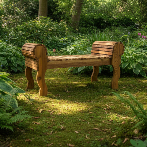 A cedar outdoor bench with curved back and armrests