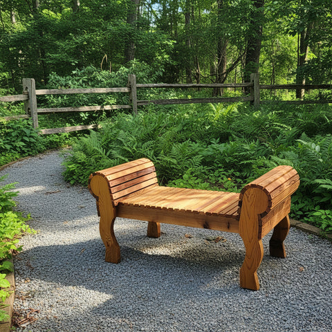 A cedar outdoor bench with curved armrests and carved legs