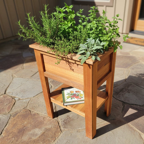 cedar planter with lower wood shelf