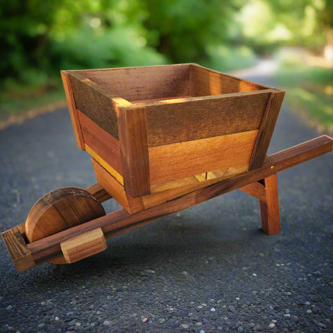 Minature Cedar Wheelbarrow Planter from Side View