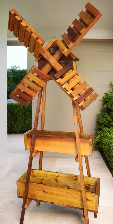Handmade Miniature Cedar Windmill with Planter Boxes 
