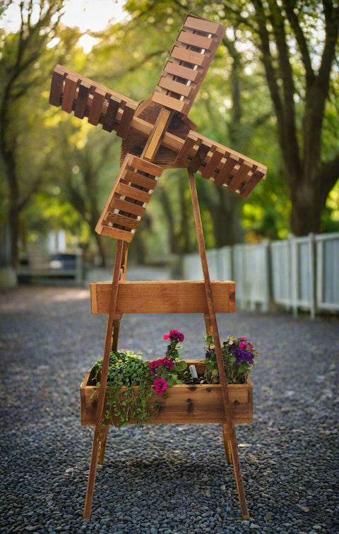 Handcrafted Cedar Mini Windmill Planter with Flowers