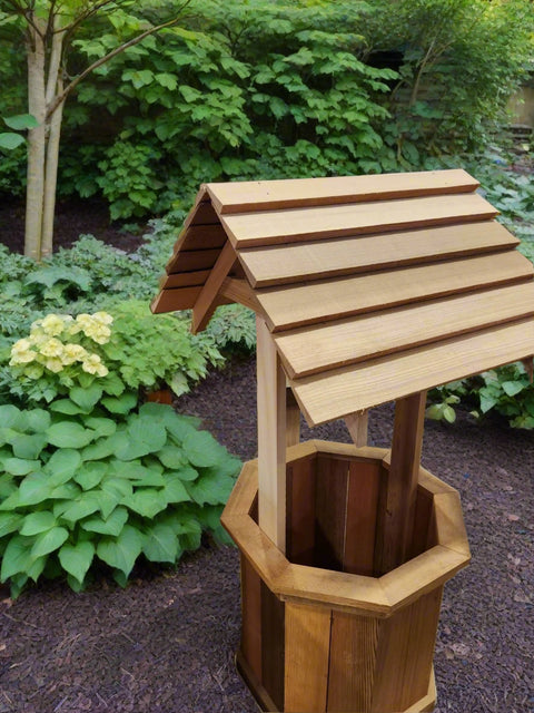 Miniature Handmade Cedar Wishing Well from Side Angle